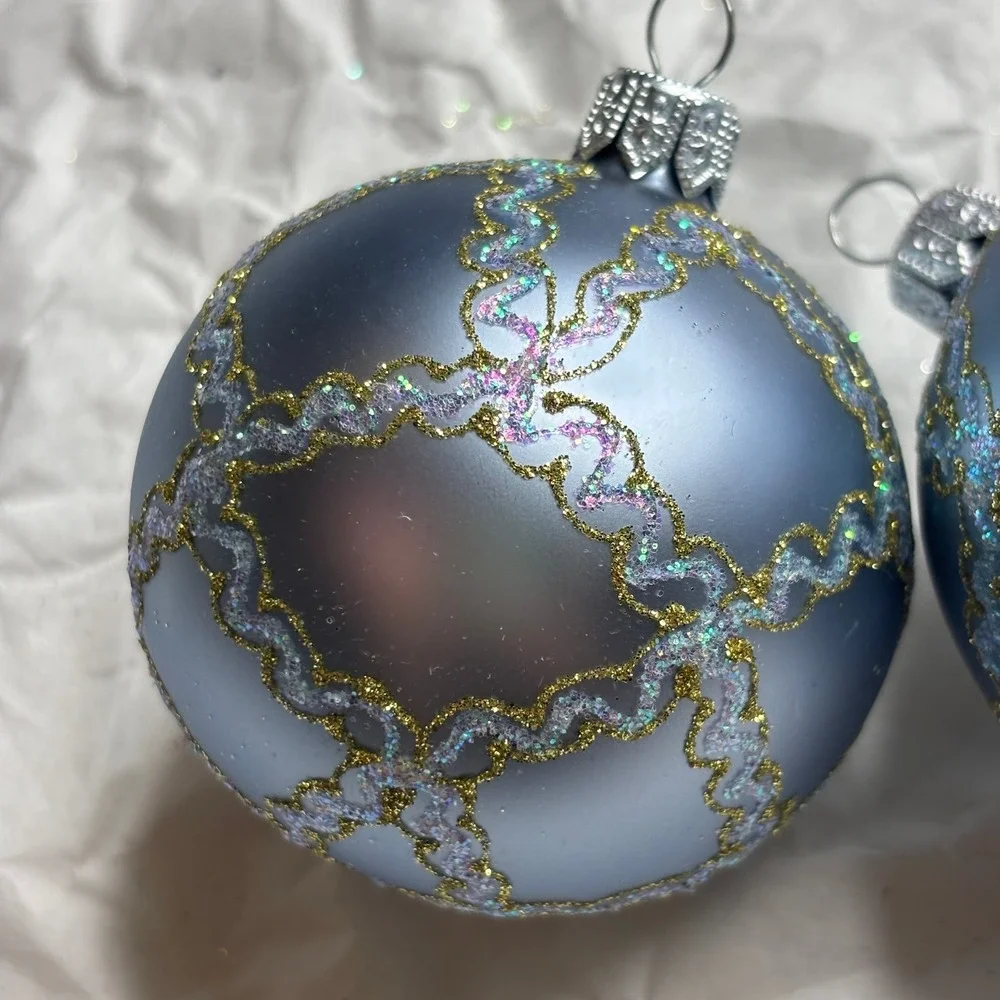 Crate&Barrel Christmas Ornaments Silverish Blue Glitter Trellis Set of 2
